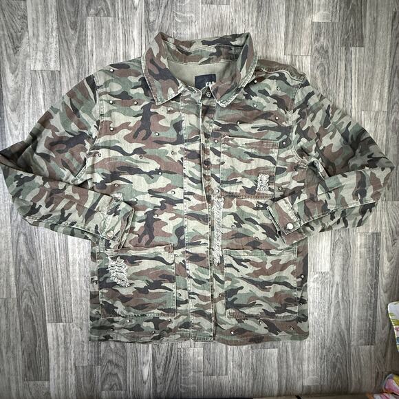 Kut From The Kloth Utility Jacket Camo Studded Distressed Cotton Size L - Picture 1 of 6